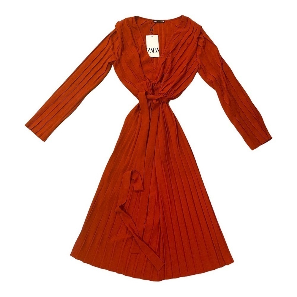 Zara Pleated Long Sleeve V-Neck Tie Waist Burnt Orange Midi Dress Size Small